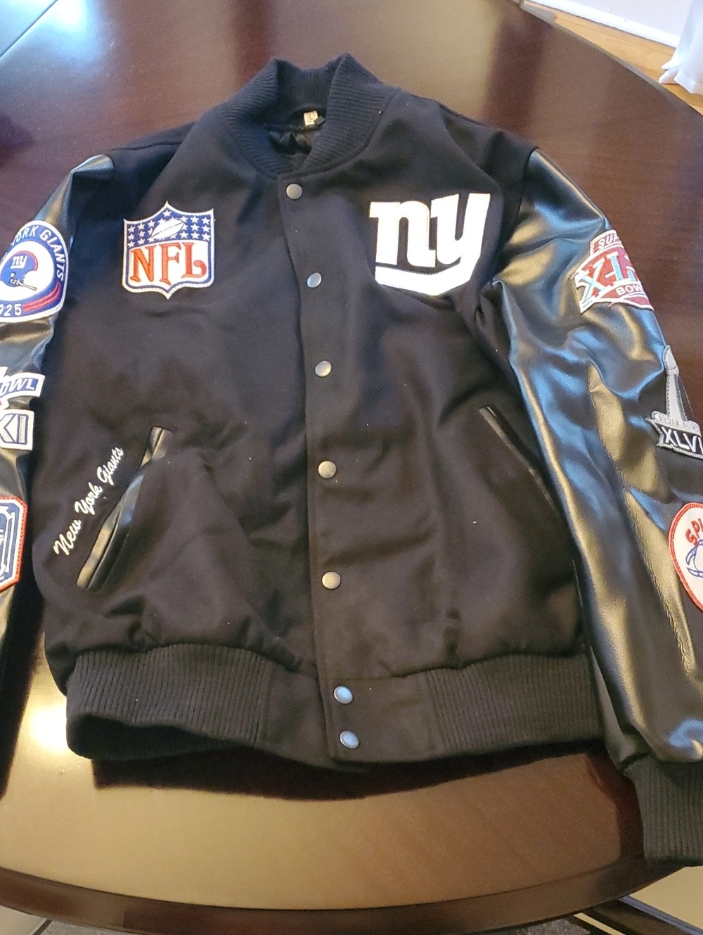 New York Giants Black Leather Varsity Jacket with Team Patches